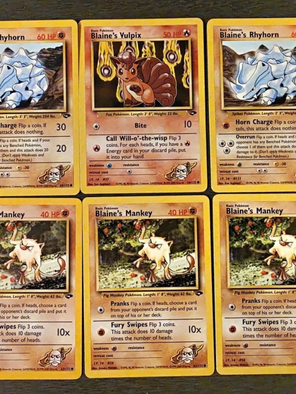 Blaine's Pokemom Set 6 Cards (Mankey x3, Rhyhorn x2, Vulpix)
